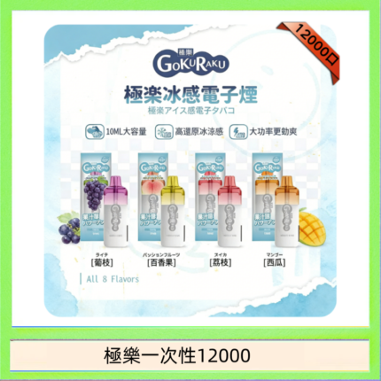 【8種口味】極楽 12000口一次性電子煙|超大容量 |口感絲滑|新品