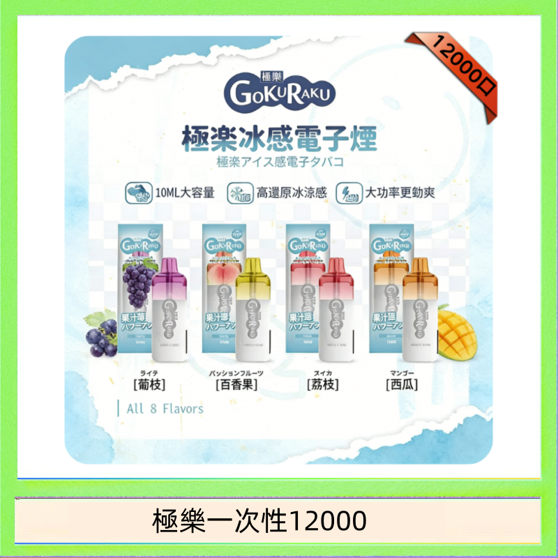 【8種口味】極楽 12000口一次性電子煙|超大容量 |口感絲滑|新品
